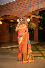 Thumbnail for Jyoti Fashion Women's Orange Paithani Silk Zari Woven Saree with Blouse - Distacart