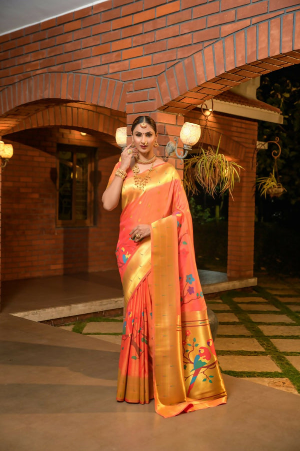 Jyoti Fashion Women's Orange Paithani Silk Zari Woven Saree with Blouse - Distacart