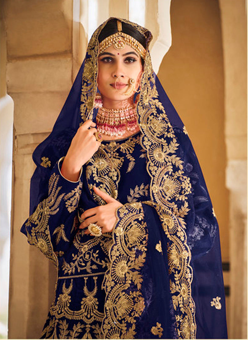 Monjolika Fashion Navy Blue Velvet Embroidered Wedding Designer Lehenga Choli