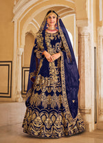 Thumbnail for Monjolika Fashion Navy Blue Velvet Embroidered Wedding Designer Lehenga Choli