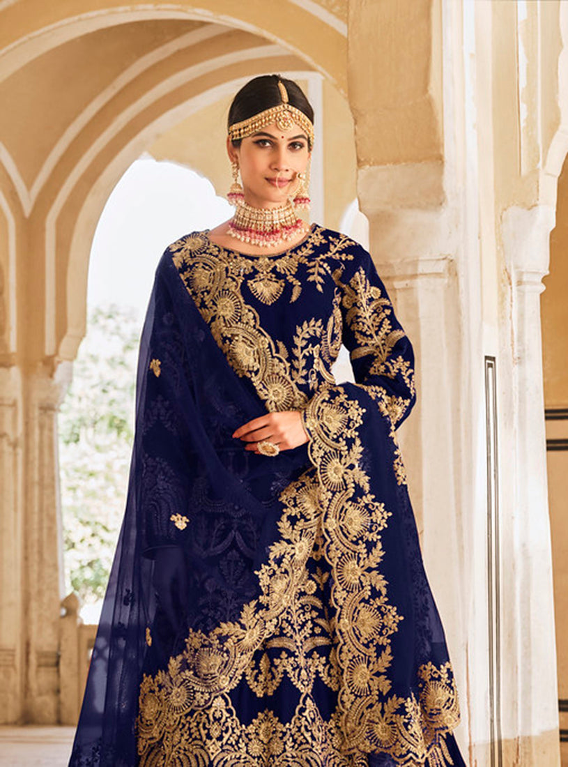 Monjolika Fashion Navy Blue Velvet Embroidered Wedding Designer Lehenga Choli