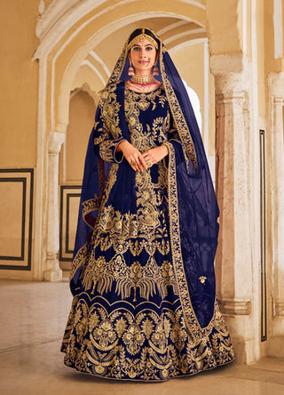 Monjolika Fashion Navy Blue Velvet Embroidered Wedding Designer Lehenga Choli