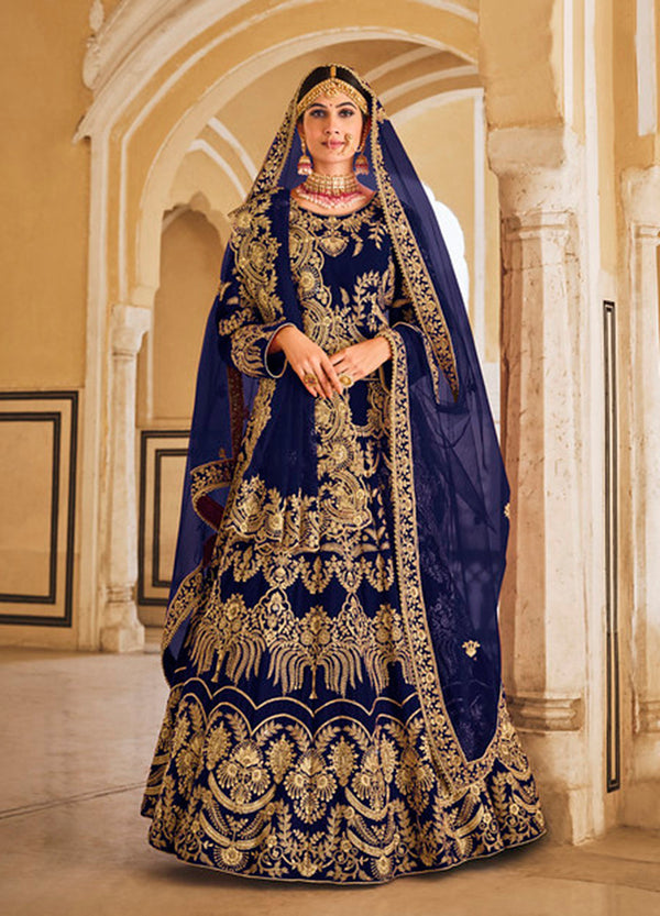 Monjolika Fashion Navy Blue Velvet Embroidered Wedding Designer Lehenga Choli