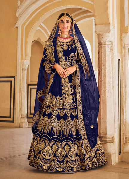 Monjolika Fashion Navy Blue Velvet Embroidered Wedding Designer Lehenga Choli