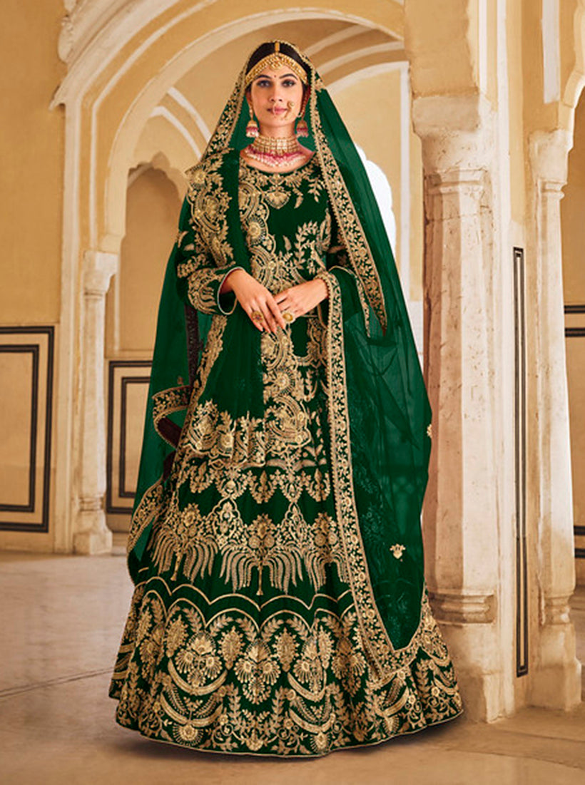 Monjolika Fashion Green Velvet Embroidered Wedding Designer Lehenga Choli