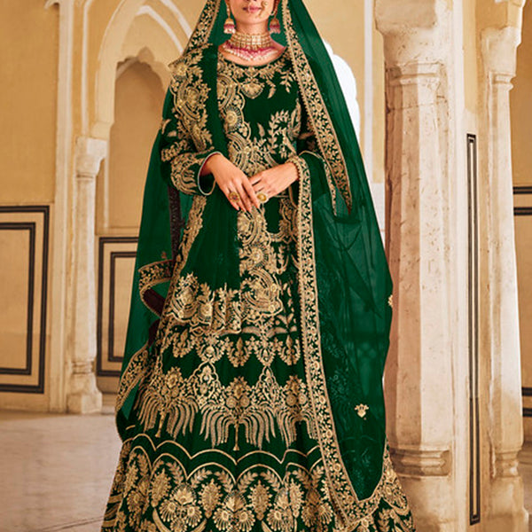 Monjolika Fashion Green Velvet Embroidered Wedding Designer Lehenga Choli - Distacart