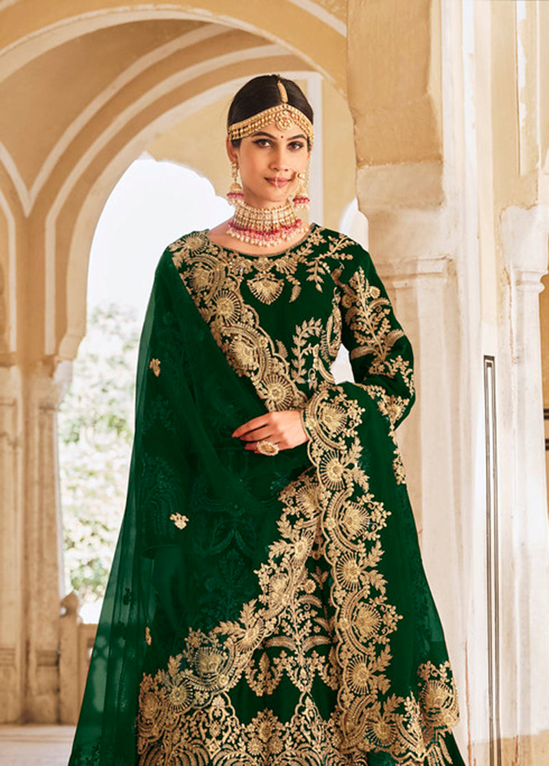 Monjolika Fashion Green Velvet Embroidered Wedding Designer Lehenga Choli