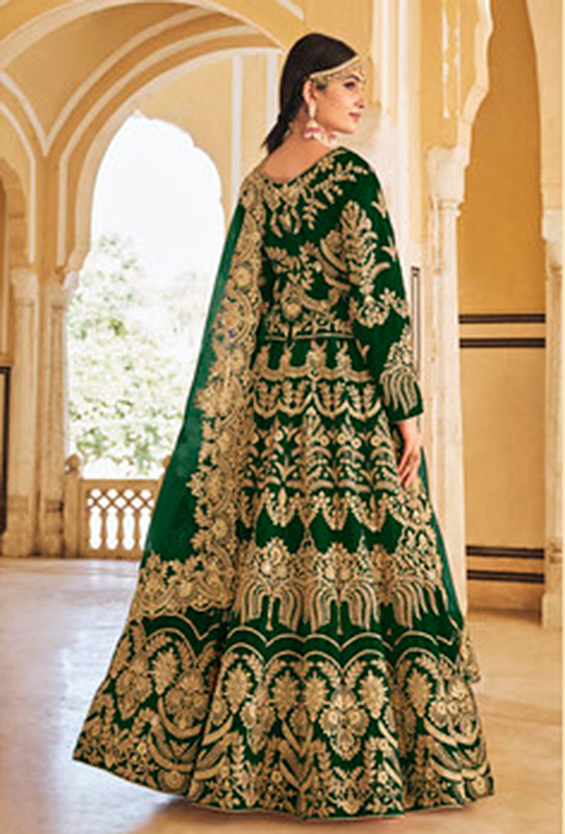 Monjolika Fashion Green Velvet Embroidered Wedding Designer Lehenga Choli