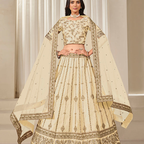 Monjolika Fashion Embroidered Cream Reception Art Silk A Line Lehenga Choli - Distacart