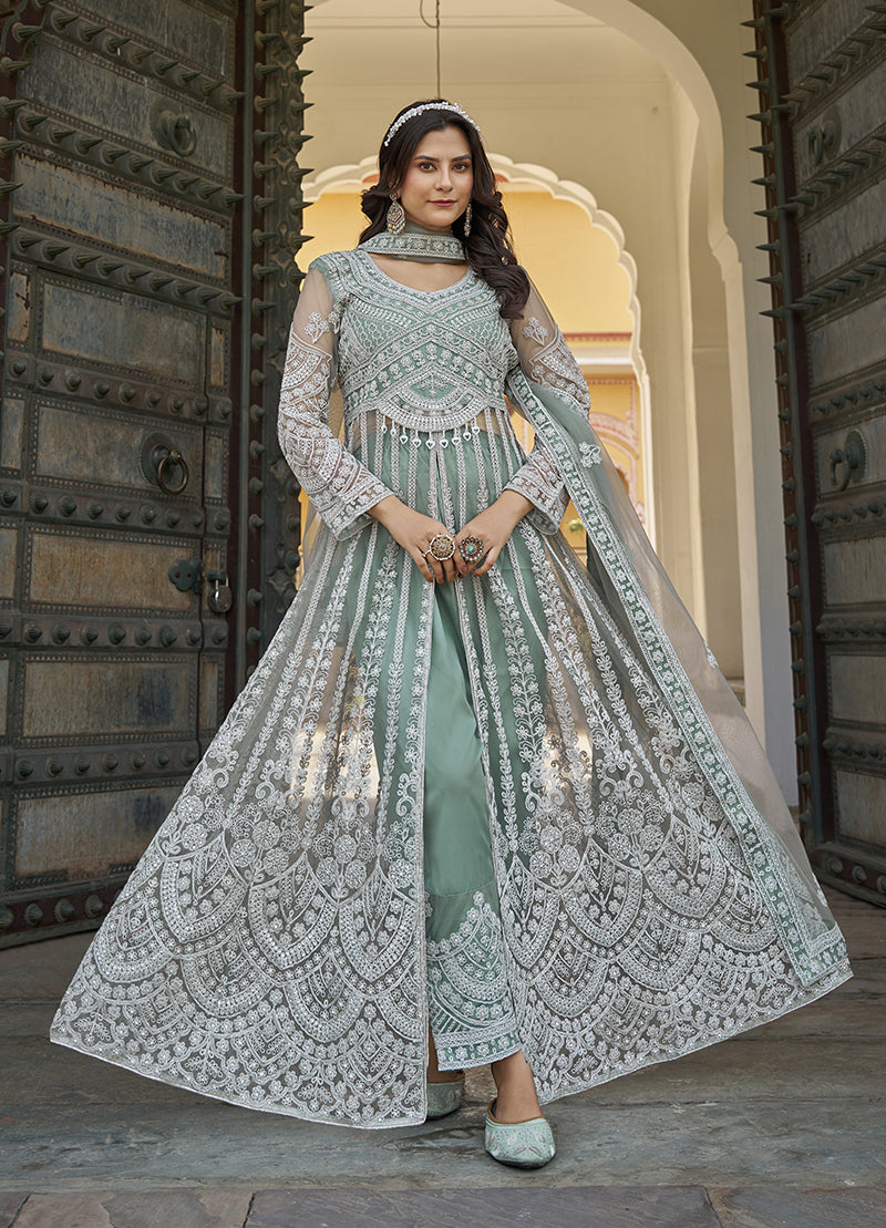Monjolika Fashion Embroidered Sea Green Net Reception Designer Salwar Suit