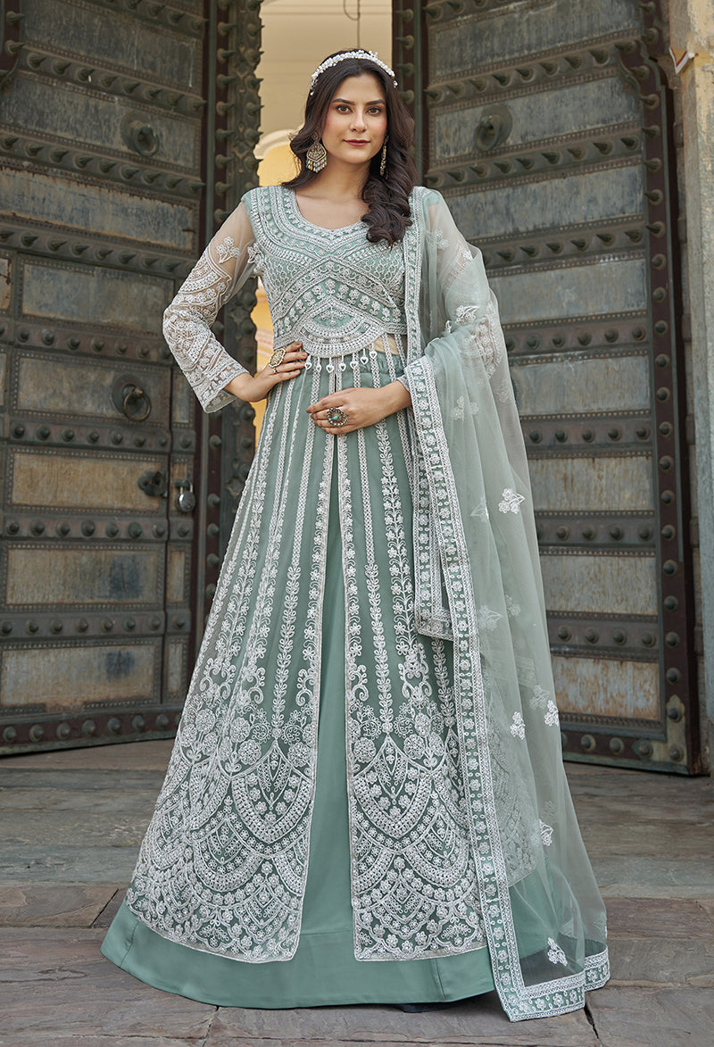 Monjolika Fashion Embroidered Sea Green Net Reception Designer Salwar Suit