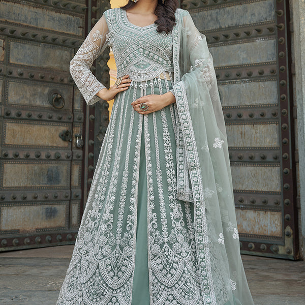 Monjolika Fashion Embroidered Sea Green Net Reception Designer Salwar Suit - Distacart