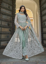 Thumbnail for Monjolika Fashion Embroidered Sea Green Net Reception Designer Salwar Suit