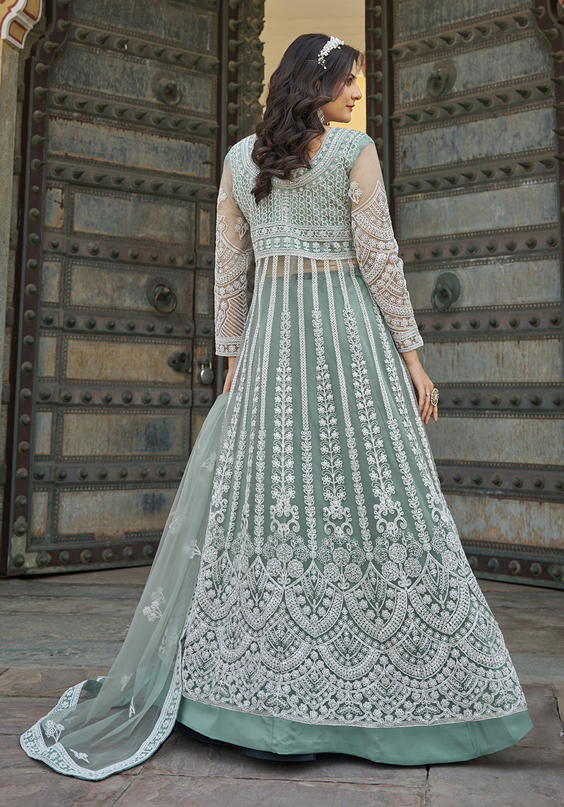 Monjolika Fashion Embroidered Sea Green Net Reception Designer Salwar Suit