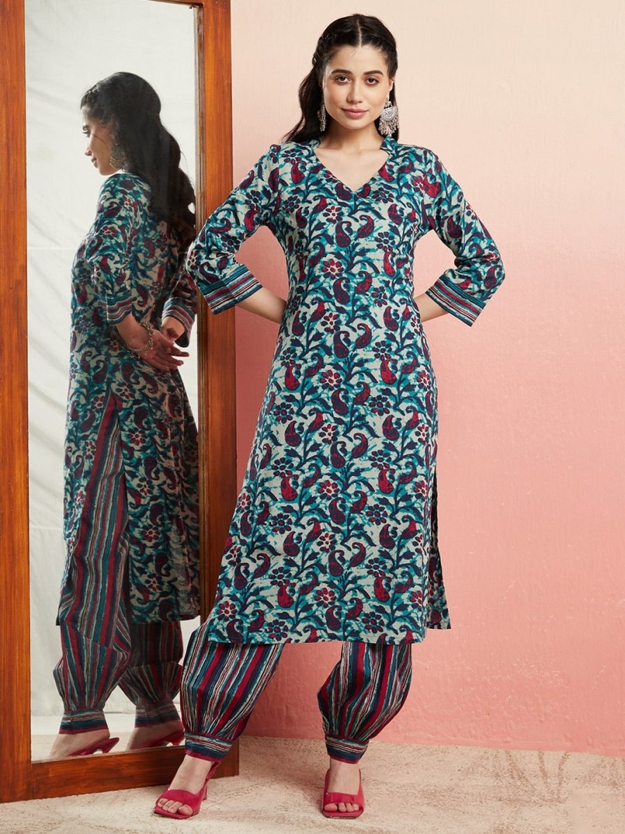 Aks Floral Printed V-Neck Pure Cotton Kurta with Salwar - Distacart