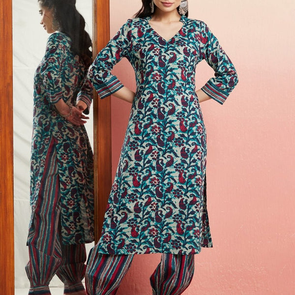 Aks Floral Printed V-Neck Pure Cotton Kurta with Salwar - Distacart