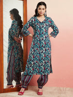 Thumbnail for Aks Floral Printed V-Neck Pure Cotton Kurta with Salwar - Distacart