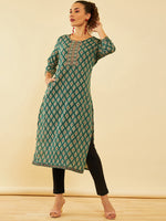 Thumbnail for Soch Ethnic Motifs Printed Cotton Yoke Design Round Neck Mirror Work Kurta - Distacart