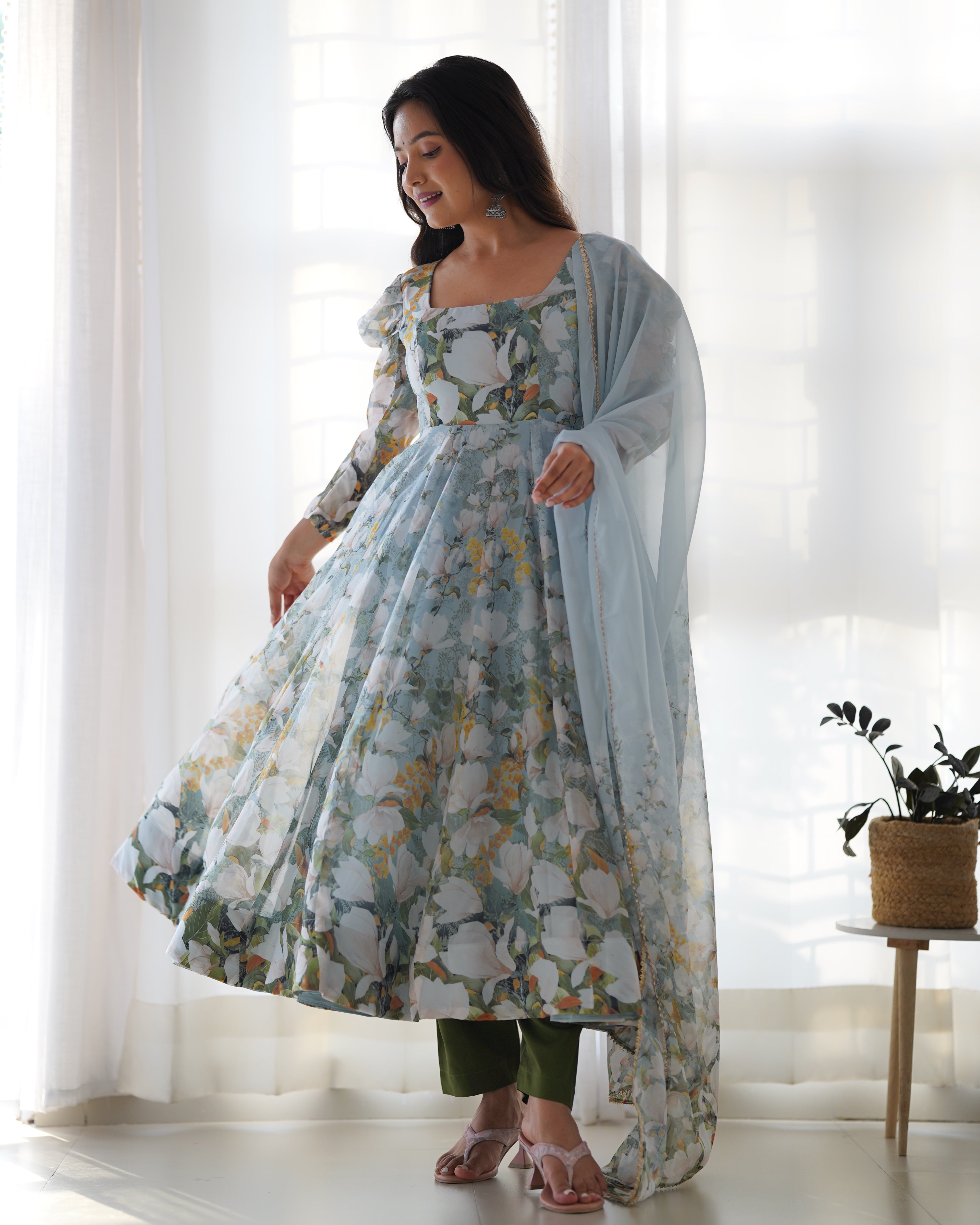 Lorenvalley Grey Soft Organza Silk With Floral Print Fully Flared Anarkali Pant With Dupatta Set