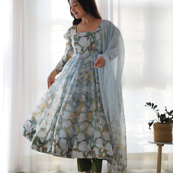 Lorenvalley Grey Soft Organza Silk With Floral Print Fully Flared Anarkali Pant With Dupatta Set - Distacart