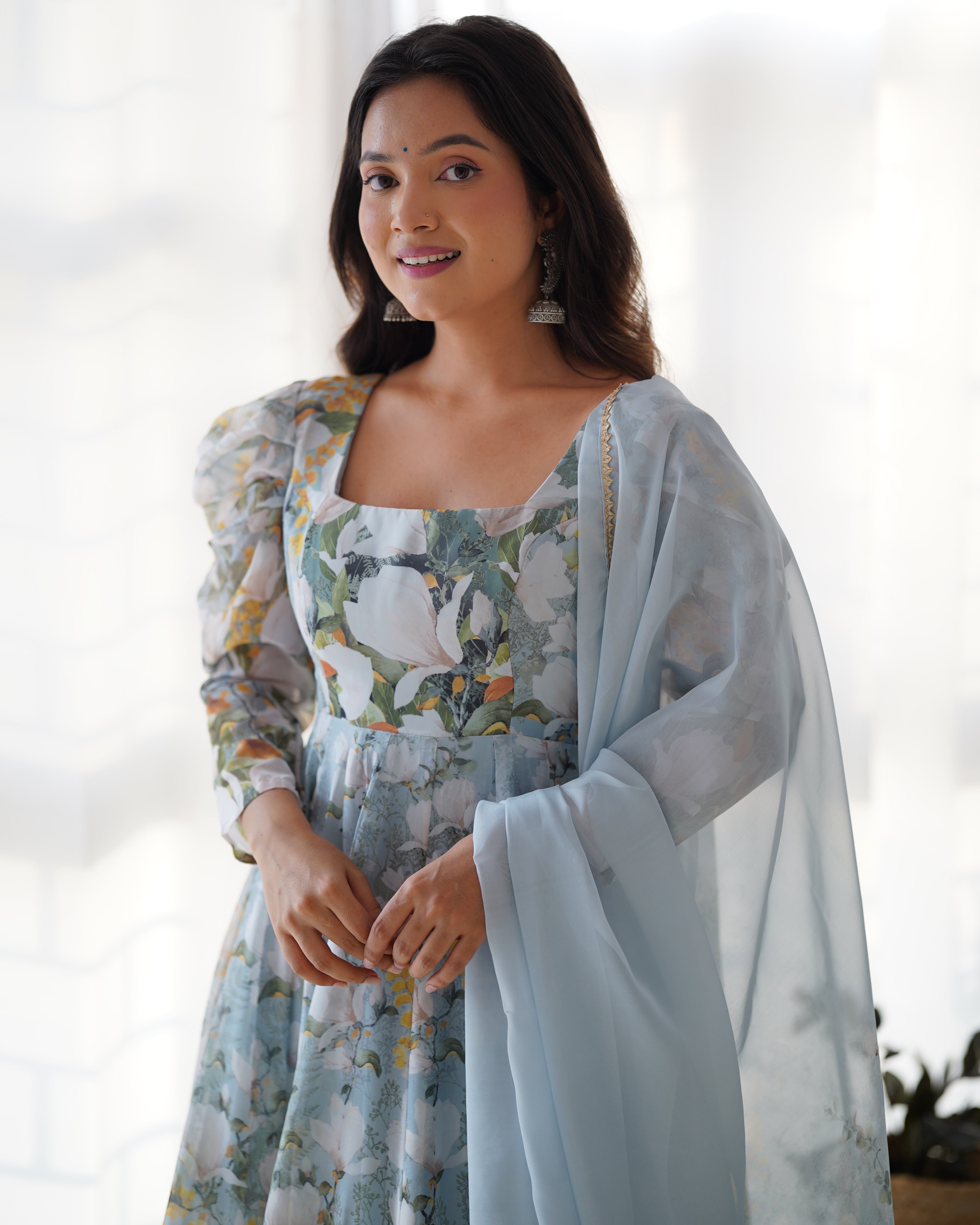 Lorenvalley Grey Soft Organza Silk With Floral Print Fully Flared Anarkali Pant With Dupatta Set