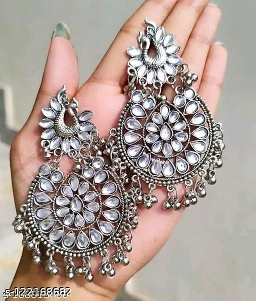 Tehzeeb Creations Women's Silver Colour Earrings With Kundan And Ghungroo Work - Distacart