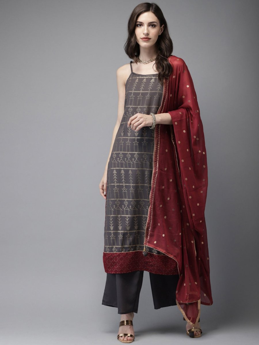 Anouk Women Charcoal Grey & Gold Foil Print Kurta with Palazzos & Dupatta - Distacart