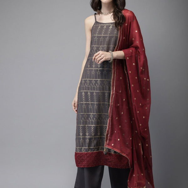 Anouk Women Charcoal Grey & Gold Foil Print Kurta with Palazzos & Dupatta - Distacart