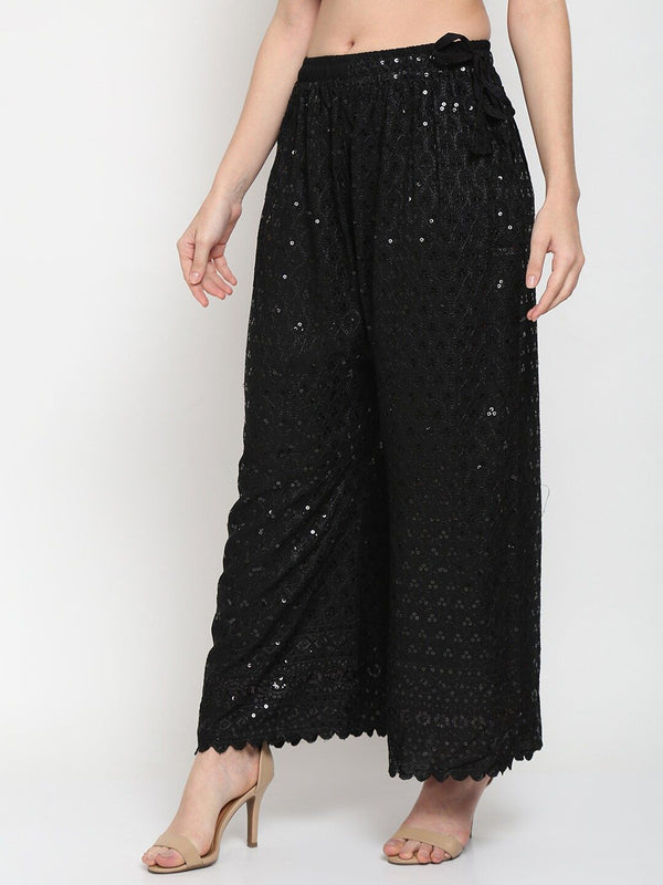 TAG 7 Women Black Ethnic Motifs Embroidered Sequin Flared Ethnic Palazzos - Distacart