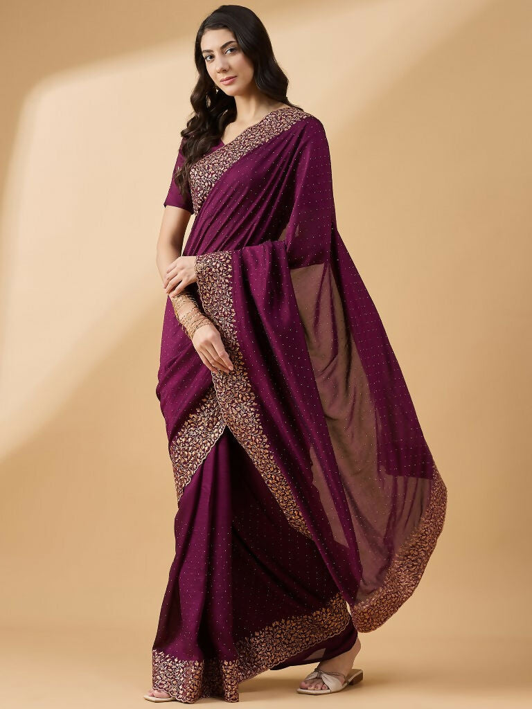 Purple Silk Blend Embroidered Saree with Unstitched Blouse - Vairagi - Distacart