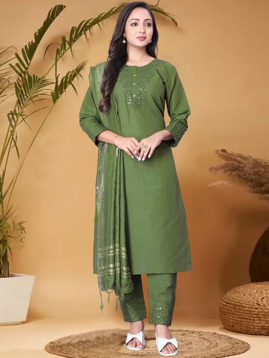 Anouk Green Ethnic Motifs Yoke Design Sequined Straight Kurta with Trouser & Dupatta - Distacart
