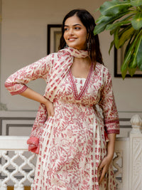 Thumbnail for Kalini Floral Yoke Design Empire V-Neck Mirror Work Cotton Kurta With Patiala & Dupatta - Distacart