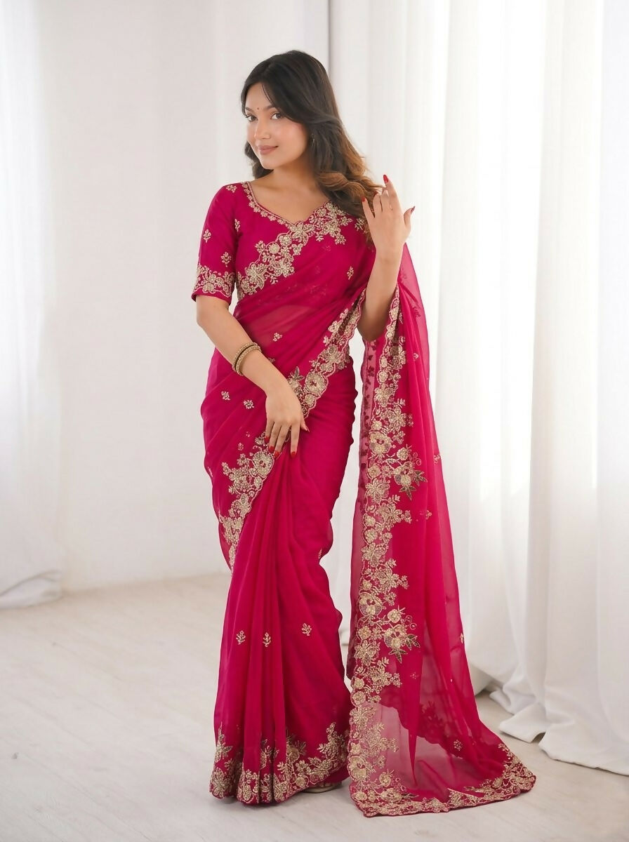 Teeya Creation New Womens Latest Party Wear Soft Chiffon Silk Saree-Red - Dista