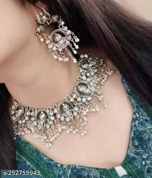 Tehzeeb Creations Women's Silver Colour Oxidised Ganesha Style Necklace Set With White Pearl - Distacart