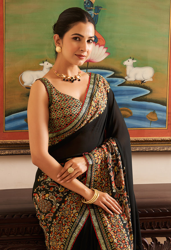 Monjolika Fashion Black Paisley Print Georgette Designer Saree