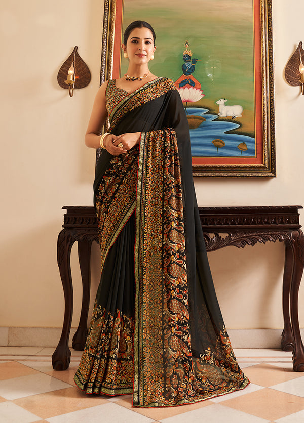 Monjolika Fashion Black Paisley Print Georgette Designer Saree