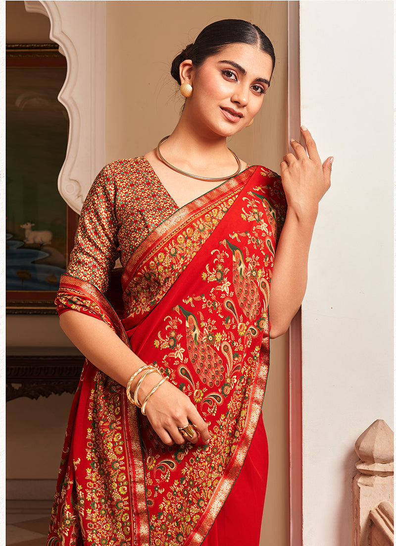 Monjolika Fashion Red Paisley Print Georgette Designer Saree - Distacart
