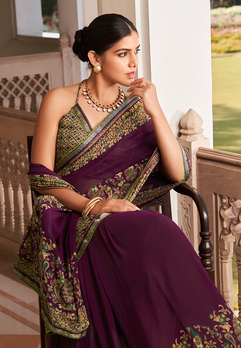 Monjolika Fashion Purple Paisley Print Georgette Designer Saree - Distacart