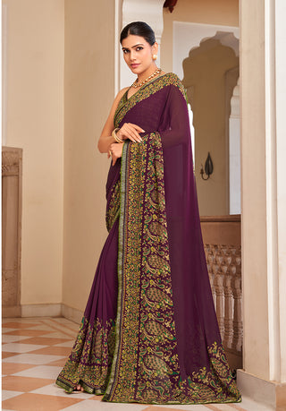 Monjolika Fashion Purple Paisley Print Georgette Designer Saree