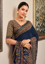 Thumbnail for Monjolika Fashion Navy Blue Paisley Print Georgette Designer Saree