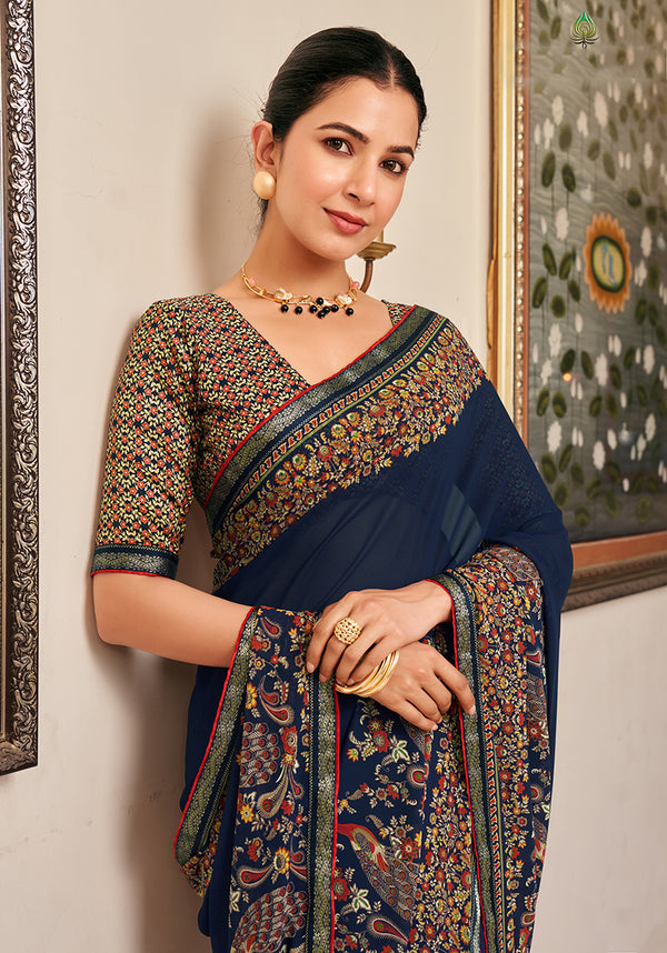Monjolika Fashion Navy Blue Paisley Print Georgette Designer Saree