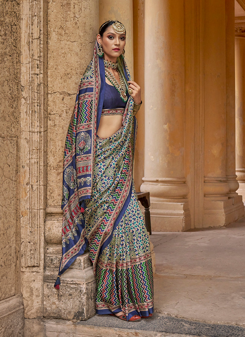 Monjolika Fashion Silk Blend Navy Blue Block Print Classic Saree - Distacart