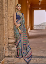 Thumbnail for Monjolika Fashion Silk Blend Navy Blue Block Print Classic Saree - Distacart