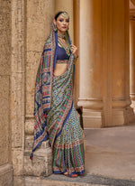 Thumbnail for Monjolika Fashion Silk Blend Navy Blue Block Print Classic Saree - Distacart