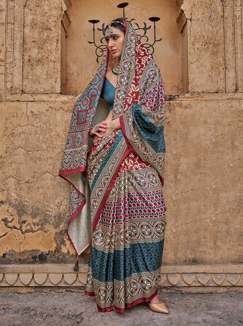 Monjolika Fashion Silk Blend Multicolour Block Print Traditional Saree - Distacart