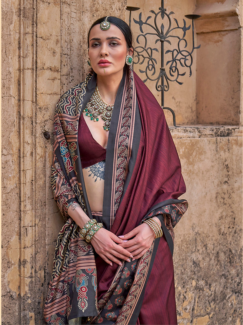 Monjolika Fashion Paisley Print Wine Silk Blend Trendy Saree - Distacart