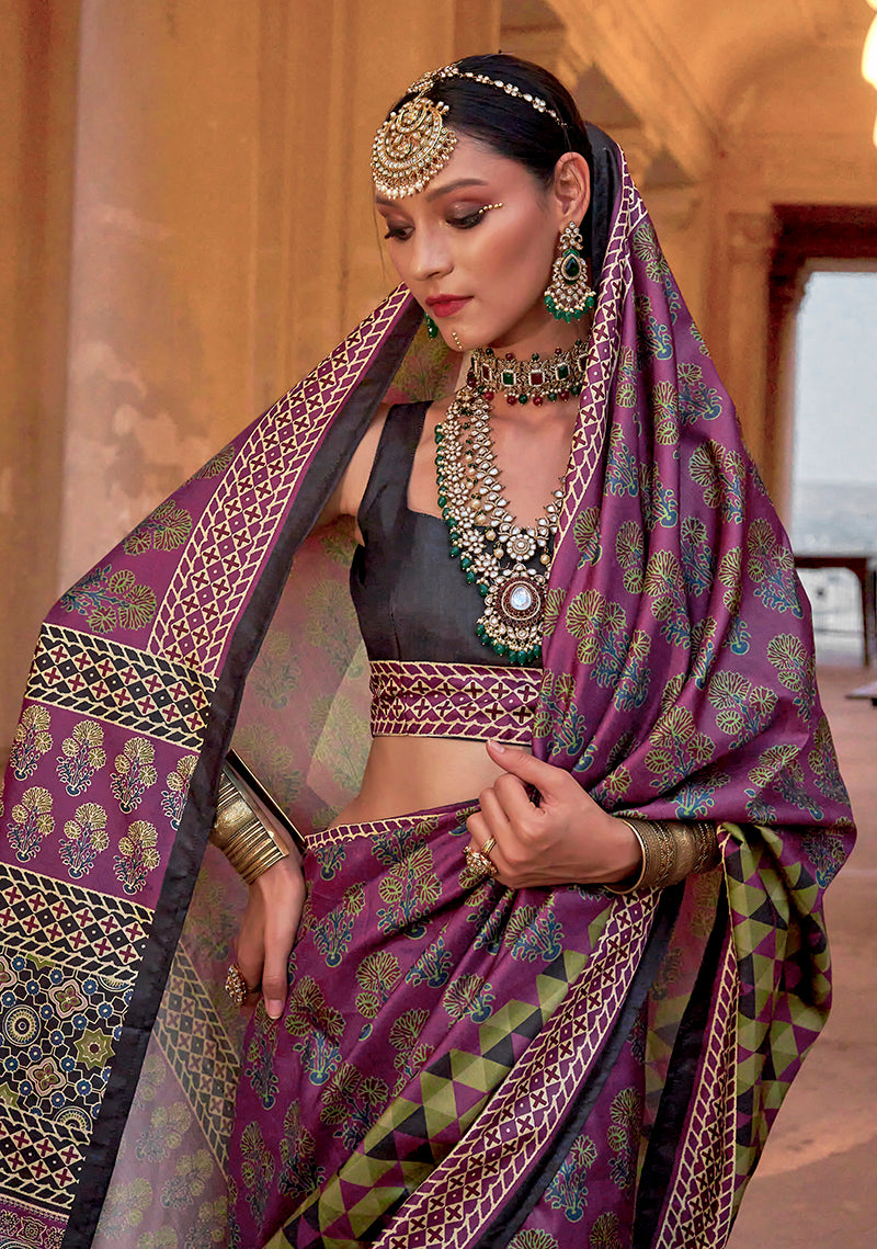Monjolika Fashion Silk Blend Block Print Traditional Saree in Purple - Distacart