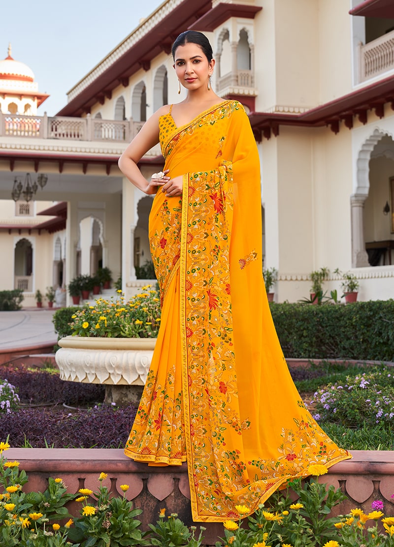 Monjolika Fashion Yellow Printed Georgette Contemporary Saree