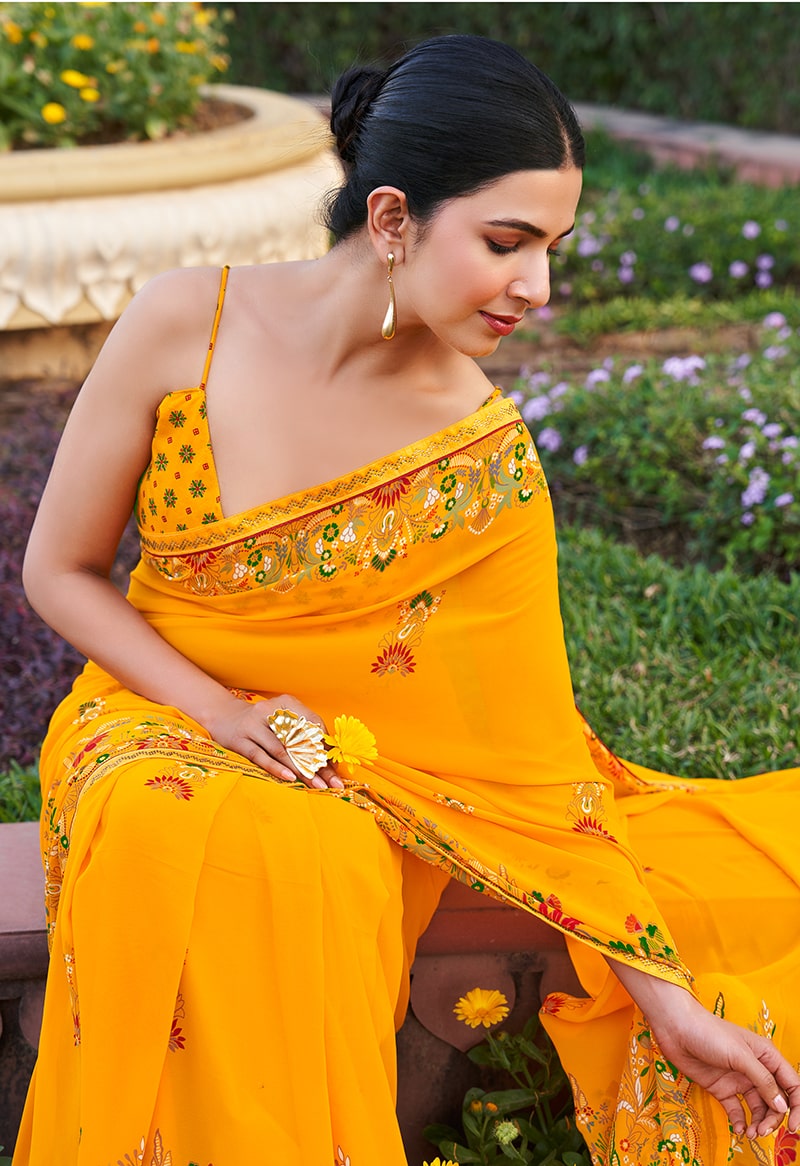 Monjolika Fashion Yellow Printed Georgette Contemporary Saree