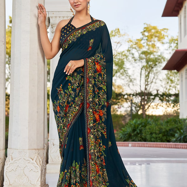 Monjolika Fashion Navy Blue Printed Georgette Contemporary Saree